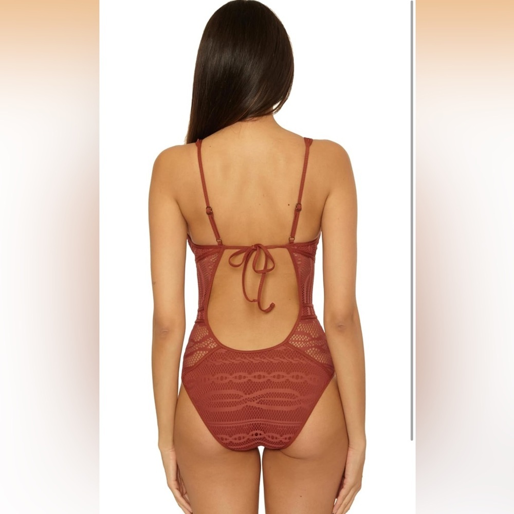 Becca Color Play One Piece Swimsuit, Plunge Neck, Crochet, Bronzed L/327-bb2 - Picture 3 of 3